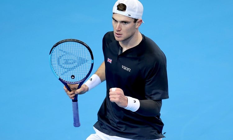 Jack Draper celebrates winning a point at the Davis Cup against Norway