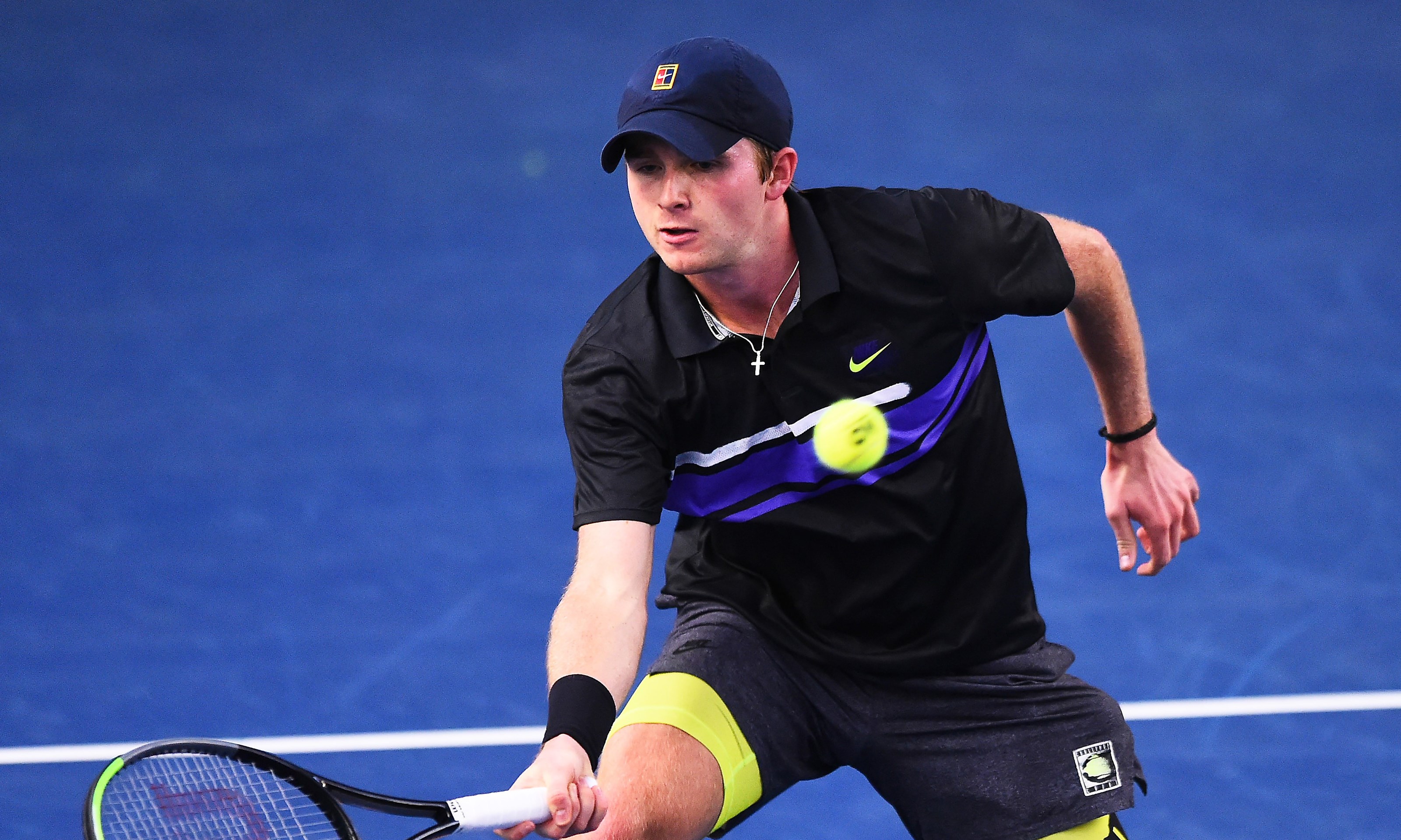 Aidan McHugh plays a forehand shot during their round robin match against Jack Pinnington Jones during Day Four of the Battle of the Brits Premier League of Tennis at the National Tennis Centre on 23 December 2020.
