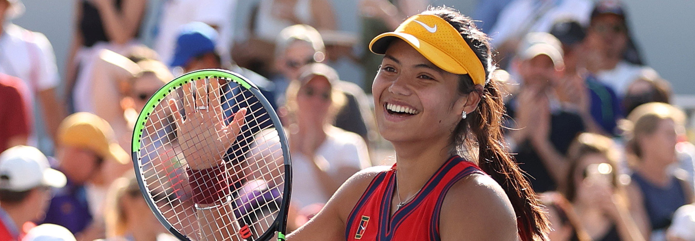 Emma Raducanu celebrates after defeating Sara Sorribes Tormo during the Women's Singles third round match of the 2021 US Open