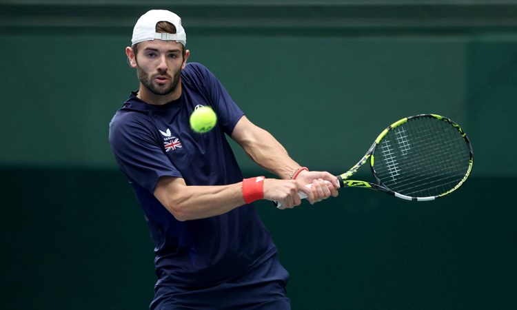 Jacob Fearnley hits a backhand in training at the Davis Cup in Japan