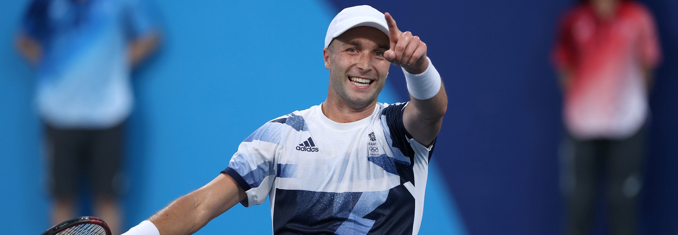 Liam Broady of Team Great Britain celebrates after match point