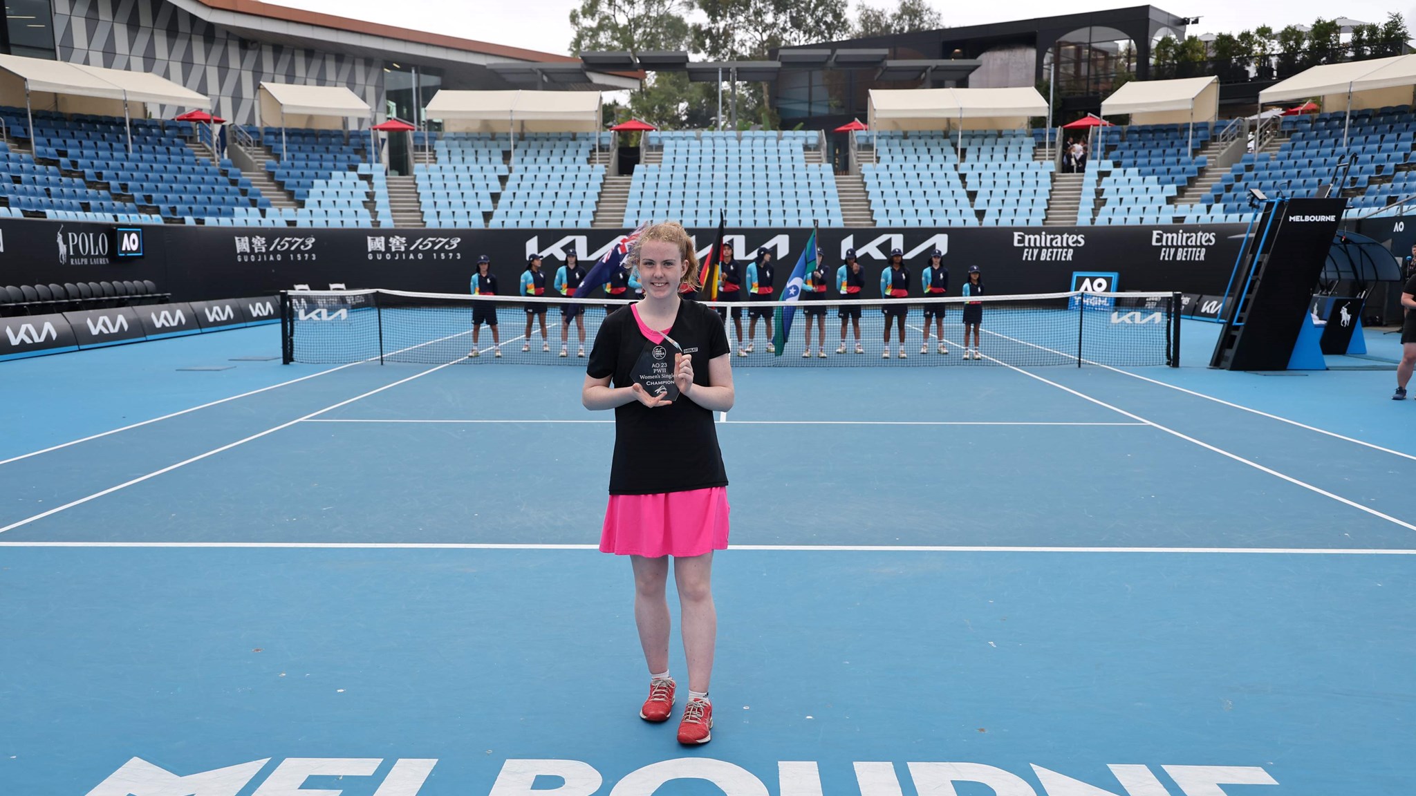 Anna McBride of Great Britain pictured during the trophy ceremony of the Women's Singles PwII Finals tourmament at the 2023 Australia Open