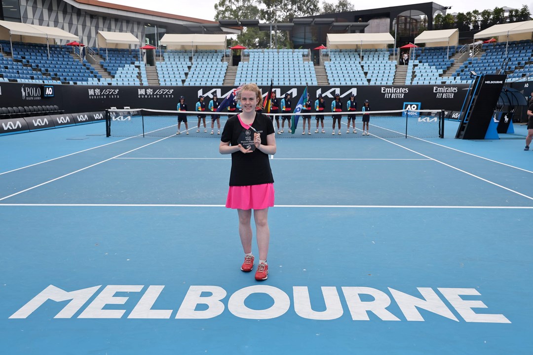 Anna McBride of Great Britain pictured during the trophy ceremony of the Women's Singles PwII Finals tourmament at the 2023 Australia Open