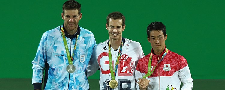 Andy Murray with his gold medal at the 2016 Olympics, bronze medalist Kei Nishikori and silver medalist Juan Martin Del Porto