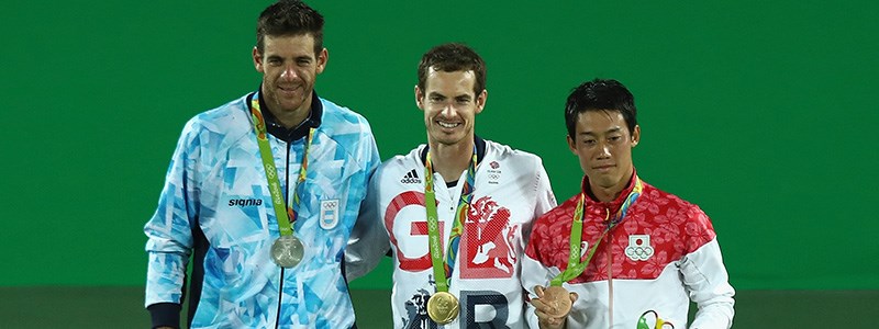 Andy Murray with his gold medal at the 2016 Olympics, bronze medalist Kei Nishikori and silver medalist Juan Martin Del Porto
