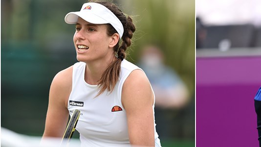 Johanna Konta getting ready to play a point and on the right close-up image of Dan Evans swinging his racket