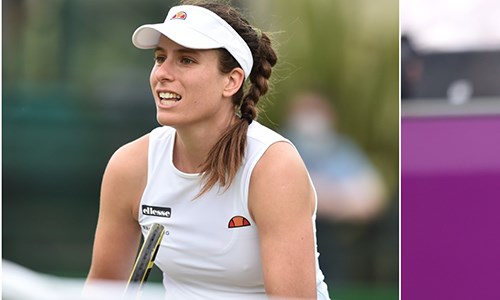 Johanna Konta getting ready to play a point and on the right close-up image of Dan Evans swinging his racket