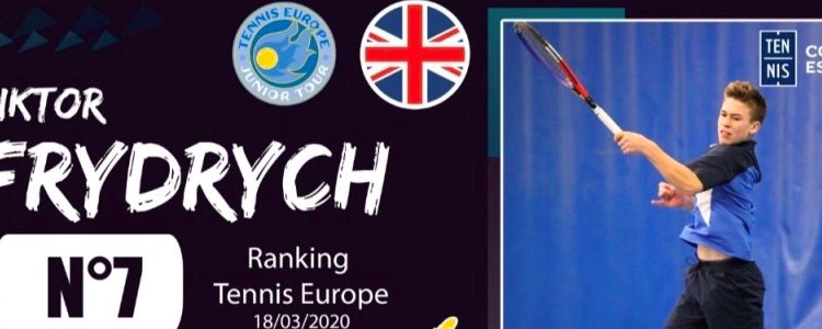 Viktor Frydrych playing a forehand shot and on left poster saying Viktor Frydrych Number 7 Ranking Tennis Europe