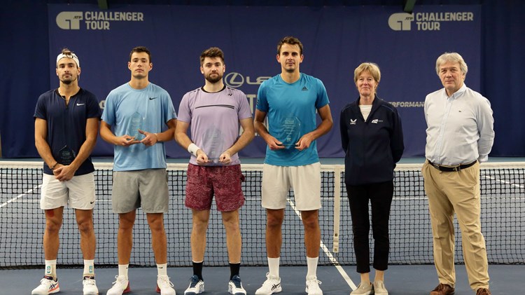 Lexus Nottingham Challenger doubles winners and runners up, from left to right Antoine Escoffier, Joshua Paris, Petr Nouza and Patrik Rikl holding their trophies