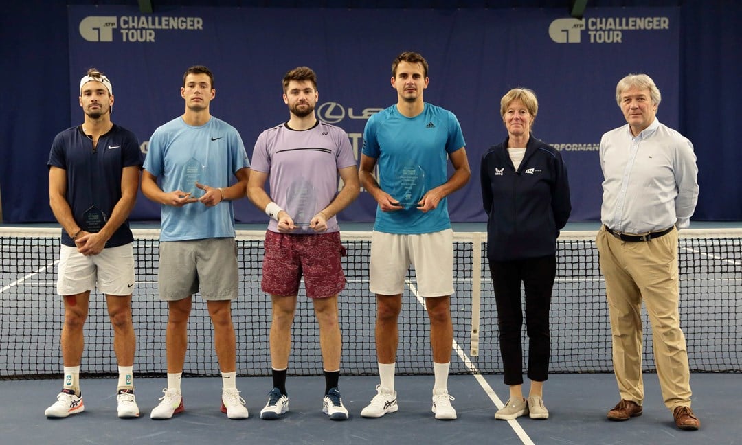 Lexus Nottingham Challenger doubles winners and runners up, from left to right Antoine Escoffier, Joshua Paris, Petr Nouza and Patrik Rikl holding their trophies