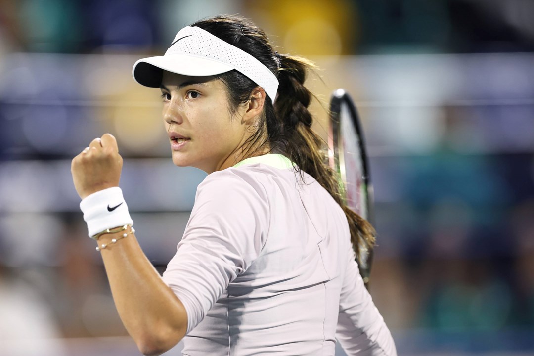 Emma Raducanu clenching her fist in celebration on court at the Abu Dhabi Open