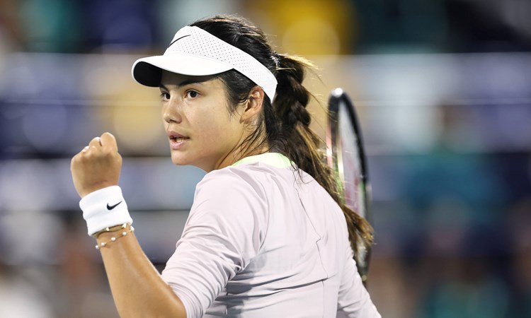 Emma Raducanu clenching her fist in celebration on court at the Abu Dhabi Open