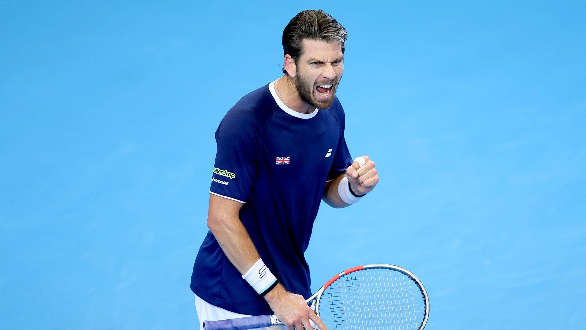 Cam Norrie gives a fist pump after winning his first match at the Davis Cup against Norway