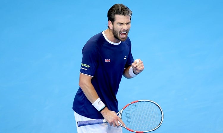 Cam Norrie gives a fist pump after winning his first match at the Davis Cup against Norway