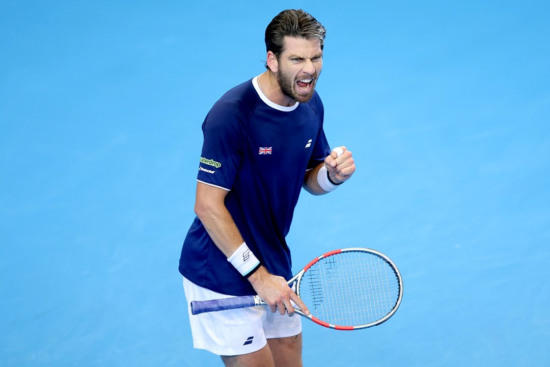 Cam Norrie gives a fist pump after winning his first match at the Davis Cup against Norway