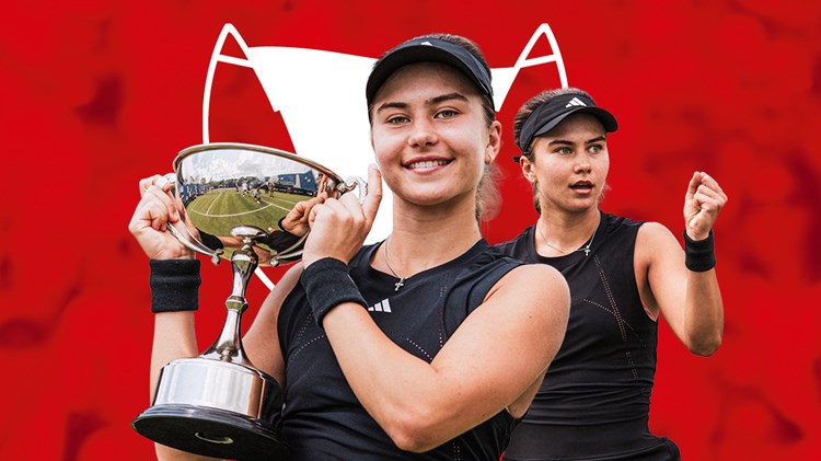 Iva Jovic holding the Lexus Ilkley Open  trophy on a red background as part of the HSBC Championships announcement 