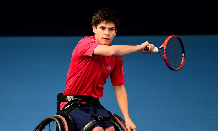 Greg Slade hits a forehand at the 2020 Wheelchair Team Battle