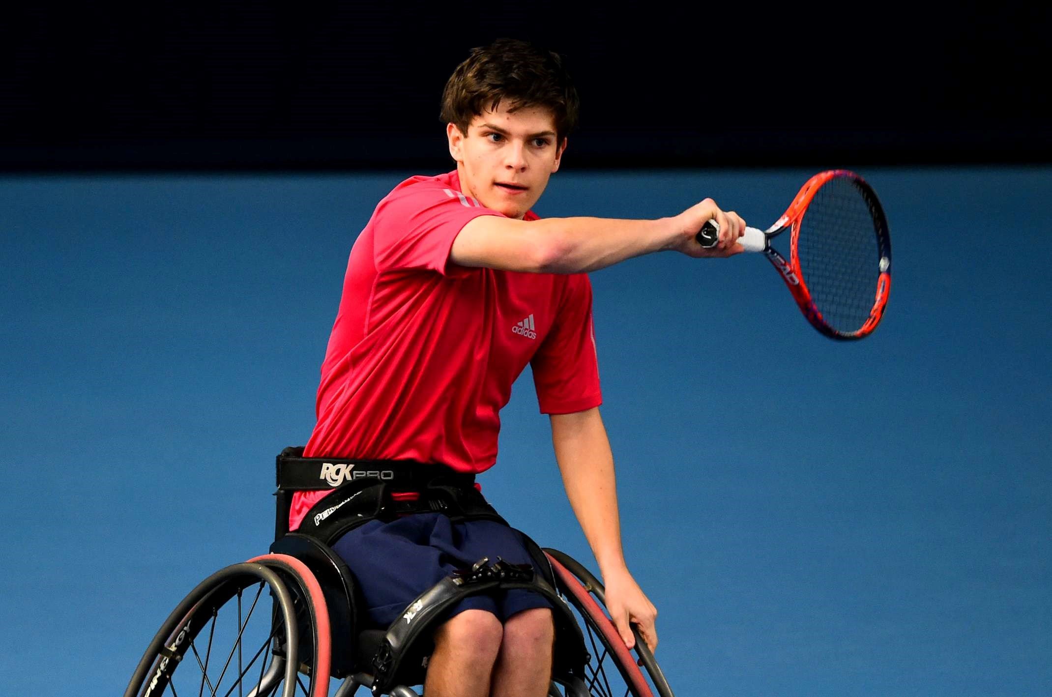 Greg Slade hits a forehand at the 2020 Wheelchair Team Battle