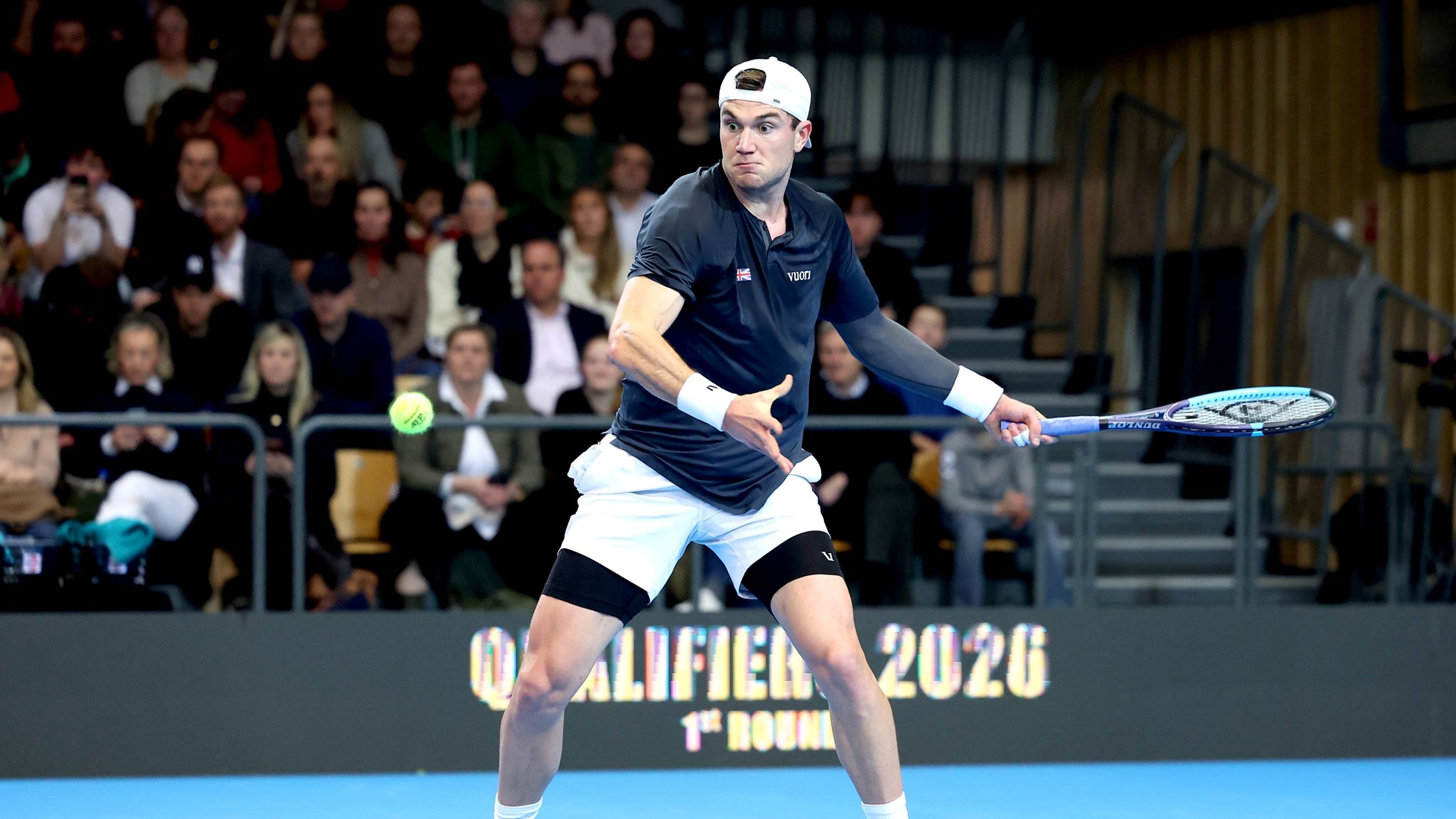 Jack Draper lines up a forehand at the 2026 Davis Cup Qualifiers