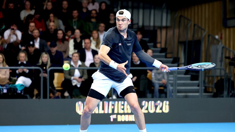 Jack Draper lines up a forehand at the 2026 Davis Cup Qualifiers
