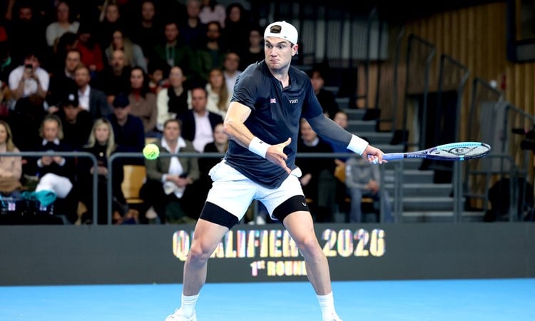 Jack Draper lines up a forehand at the 2026 Davis Cup Qualifiers