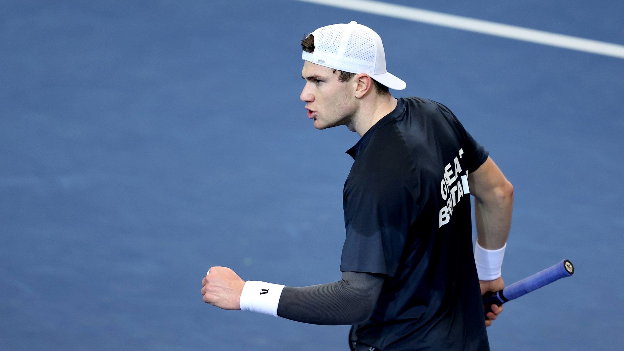 Jack Draper celebrates winning a point against Norway at the Davis Cup