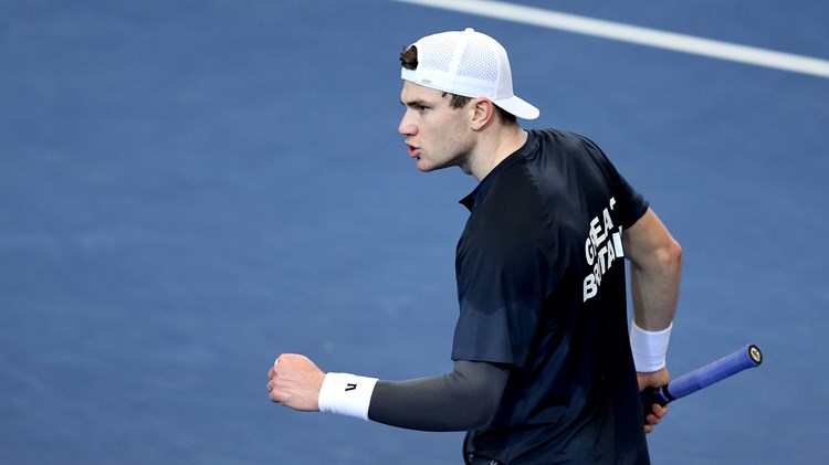 Jack Draper celebrates winning a point against Norway at the Davis Cup