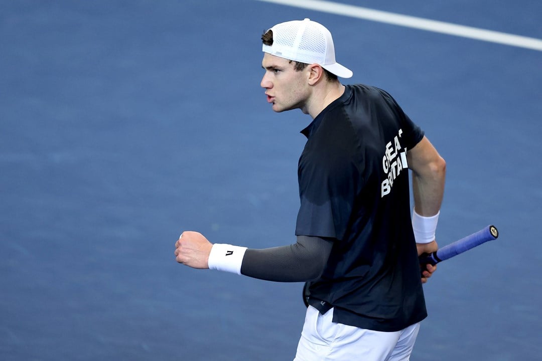 Jack Draper celebrates winning a point against Norway at the Davis Cup