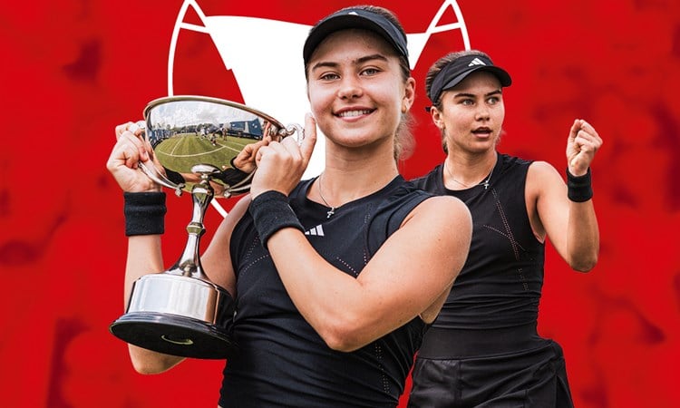 Iva Jovic holding the Lexus Ilkley Open  trophy on a red background as part of the HSBC Championships announcement 