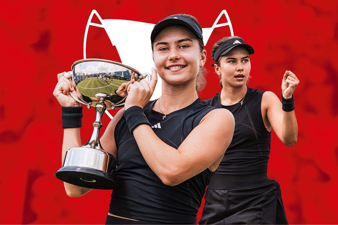 Iva Jovic holding the Lexus Ilkley Open  trophy on a red background as part of the HSBC Championships announcement 