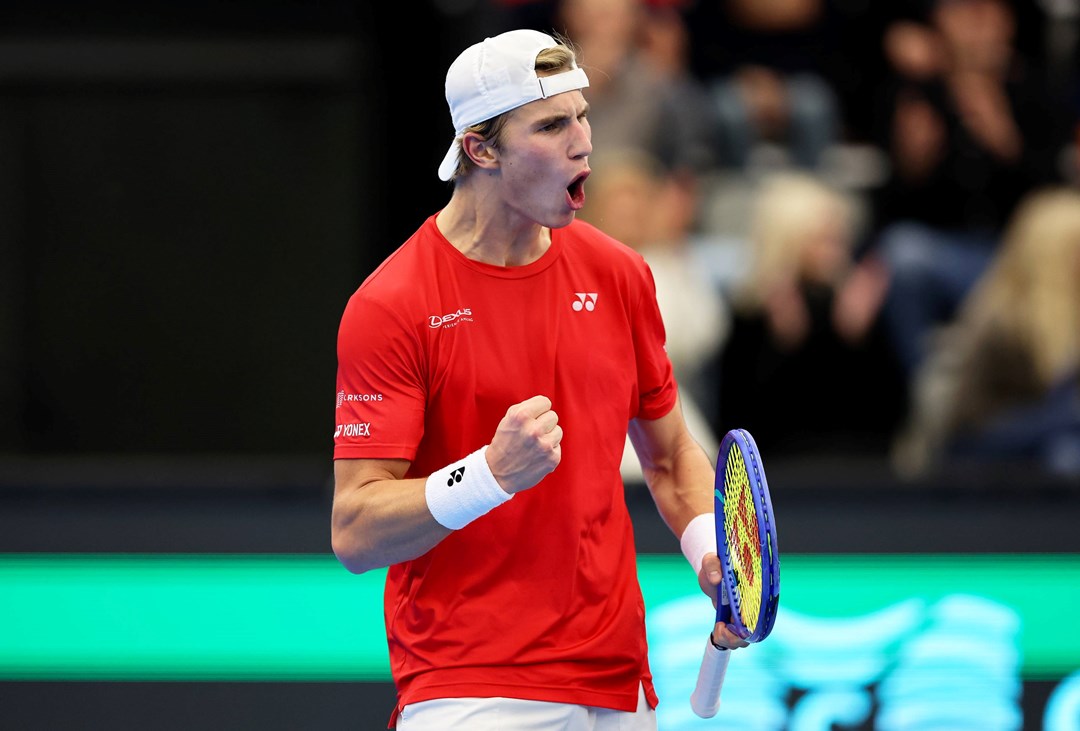 Nicolai Budkov Kjaer celebrates a victory for Norway at the Davis Cup