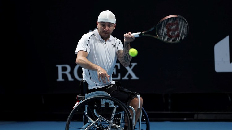 Andy Lapthorne hitting a forehand at the Australian Open 2023