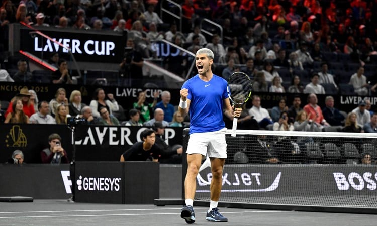 Carlos Alcaraz celebrates winning a point at the 2025 Laver Cup