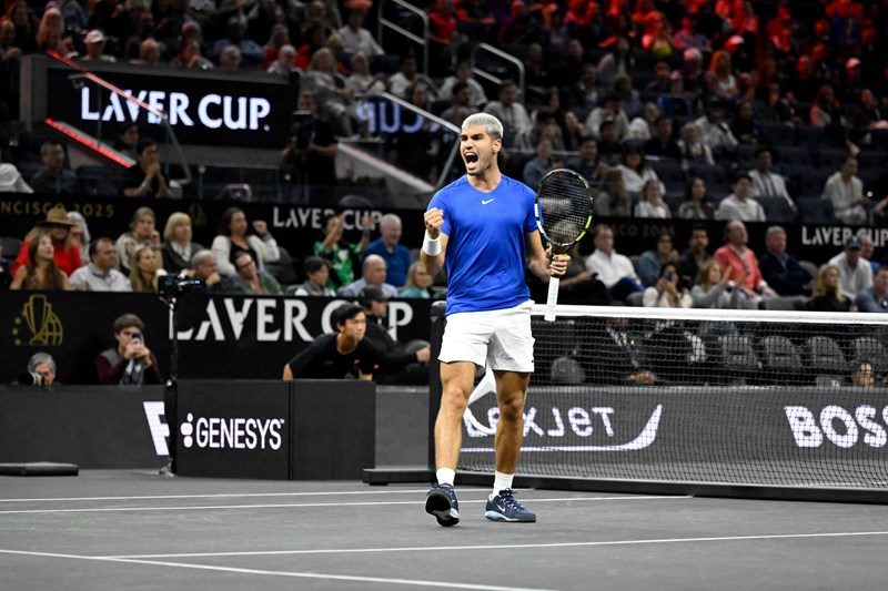 Carlos Alcaraz celebrates winning a point at the 2025 Laver Cup