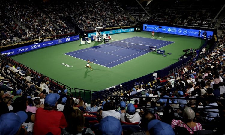A view of a match on centre court at the Dubai Duty Free Tennis Championships