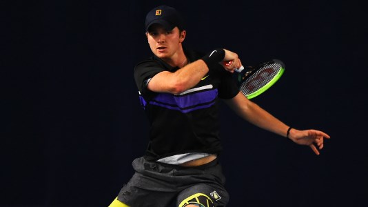 Aidan McHugh hits a forehand shot during the Battle of the Brits 2020.