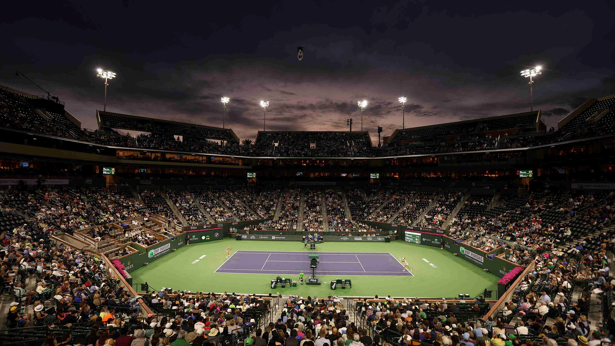 General view of Indian Wells at night with a packed crowd