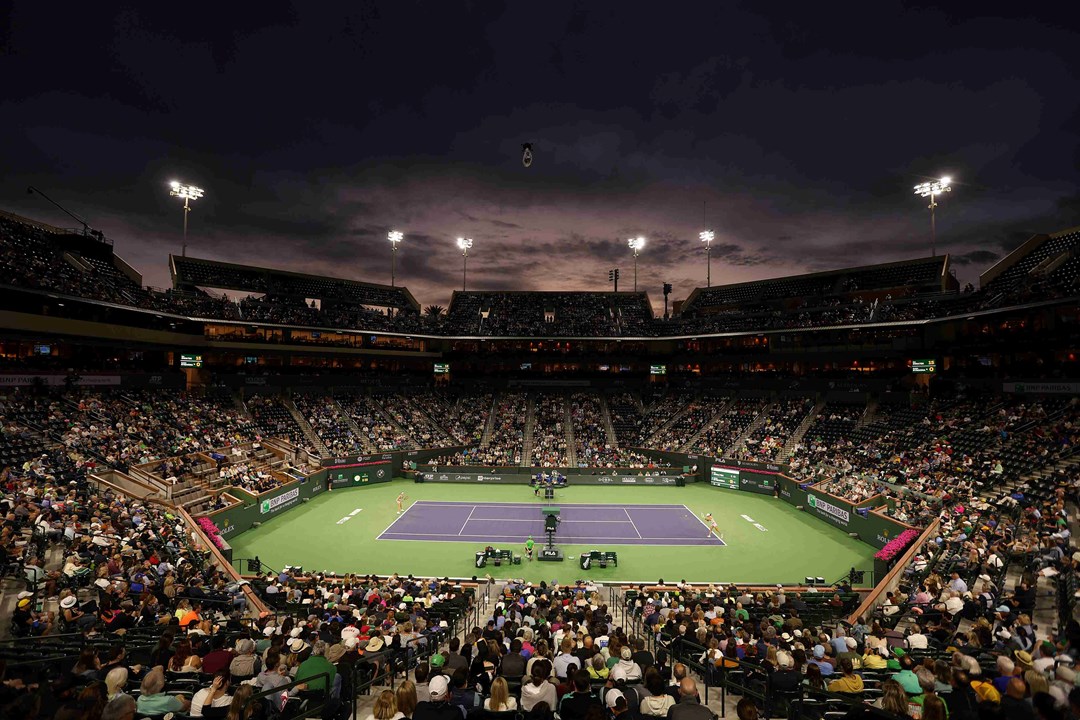 General view of Indian Wells at night with a packed crowd