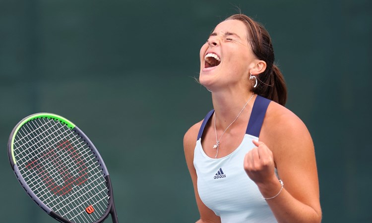 Jodie Burrage of Union Jacks celebrates winning her women's singles match against Emma Raducanu of British Bulldogs during day six of the St. James's Place Battle of The Brits Team Tennis at National Tennis Centre on August 1, 2020