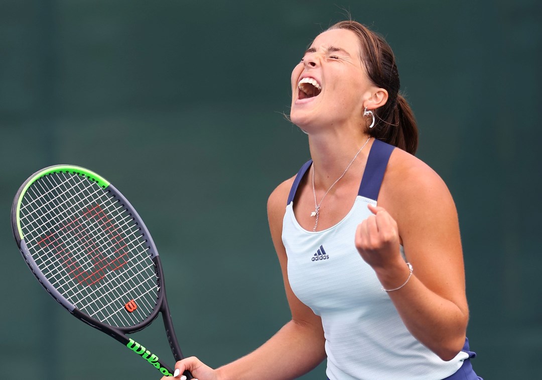Jodie Burrage of Union Jacks celebrates winning her women's singles match against Emma Raducanu of British Bulldogs during day six of the St. James's Place Battle of The Brits Team Tennis at National Tennis Centre on August 1, 2020