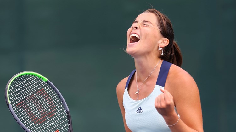 Jodie Burrage of Union Jacks celebrates winning her women's singles match against Emma Raducanu of British Bulldogs during day six of the St. James's Place Battle of The Brits Team Tennis at National Tennis Centre on August 1, 2020