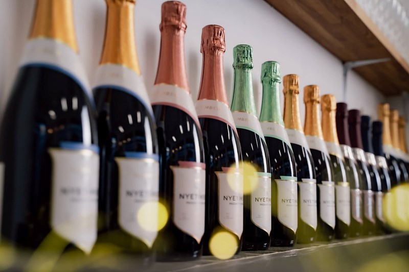 A row of Nyetimber wine bottles