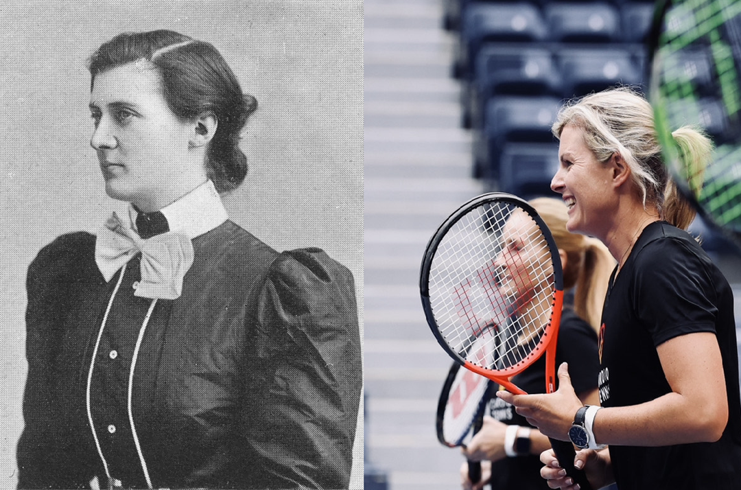 A historic portrait photo of Toupie Lowther next to an image of Emma Wells smiling and holding a tennis racket