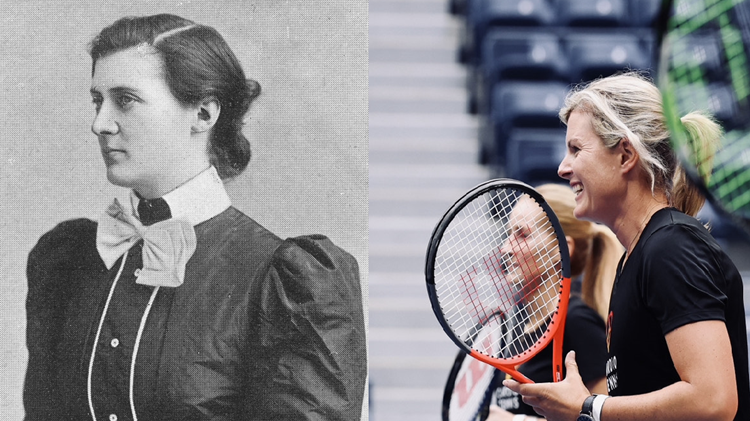 A historic portrait photo of Toupie Lowther next to an image of Emma Wells smiling and holding a tennis racket