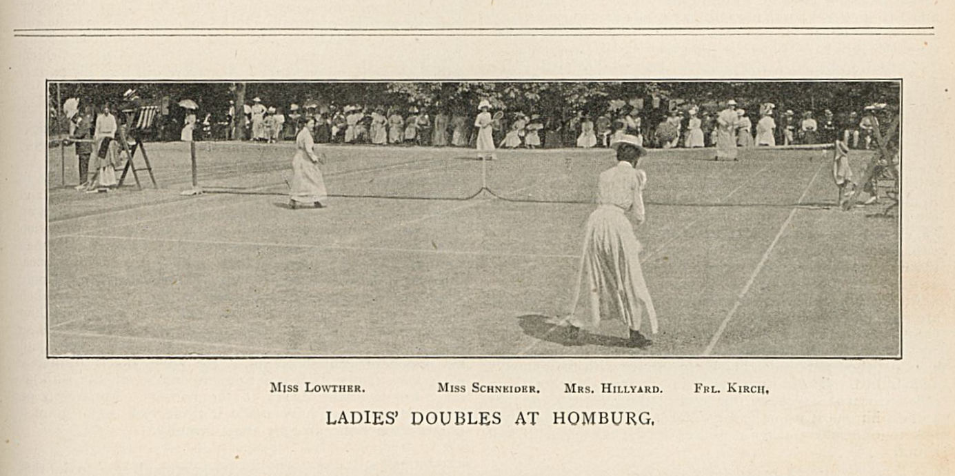 A black and white photo showing Toupie Lowther, standing at the net, playing doubles with Blanche Hillyard at the Homburg Cup in 1901