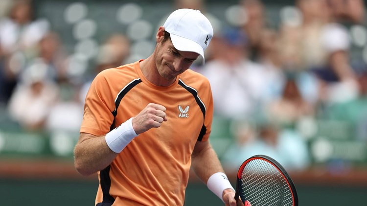 Andy Murray celebrates an opning round win against David Goffin at the BNP Paribas Open