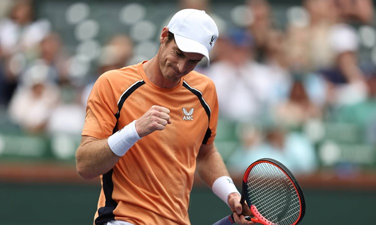 Andy Murray celebrates an opning round win against David Goffin at the BNP Paribas Open
