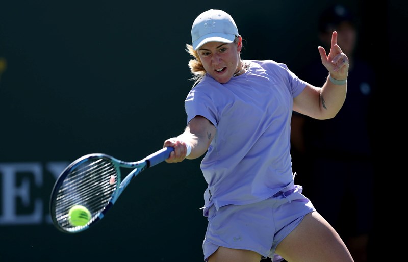 Sonay Kartal hitting a forehand on court at the BNP Paribas Open Indian Wells