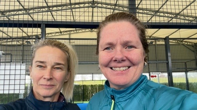 GB Seniors Padel players Victoria Davies and Helen Crook on court together