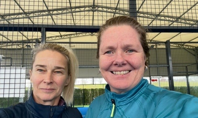 GB Seniors Padel players Victoria Davies and Helen Crook on court together